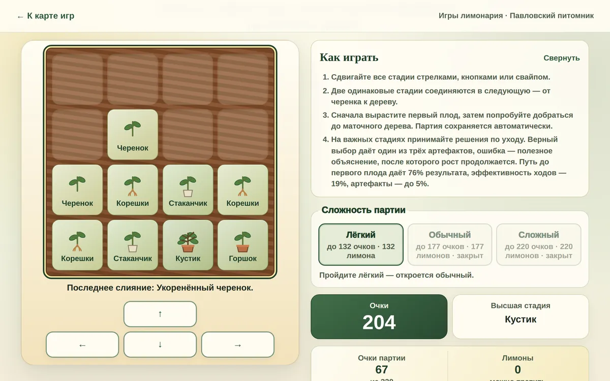 Игра «Вырасти лимон» на компьютере: поле со стадиями роста и счёт партии