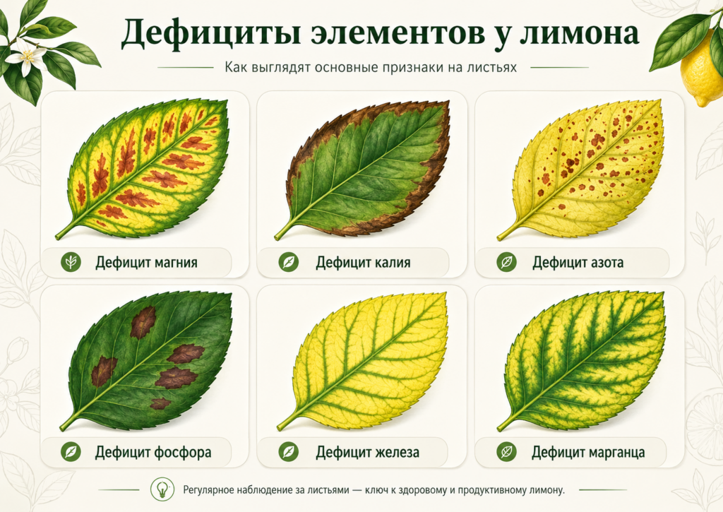 Основные дефициты микроэлементов на листьях комнатного цитруса
