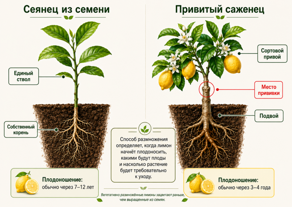 Черенкованный корнесобственный или привитый саженец гарантированно даст плоды на 3-4 год жизни, в отличие от сеянца