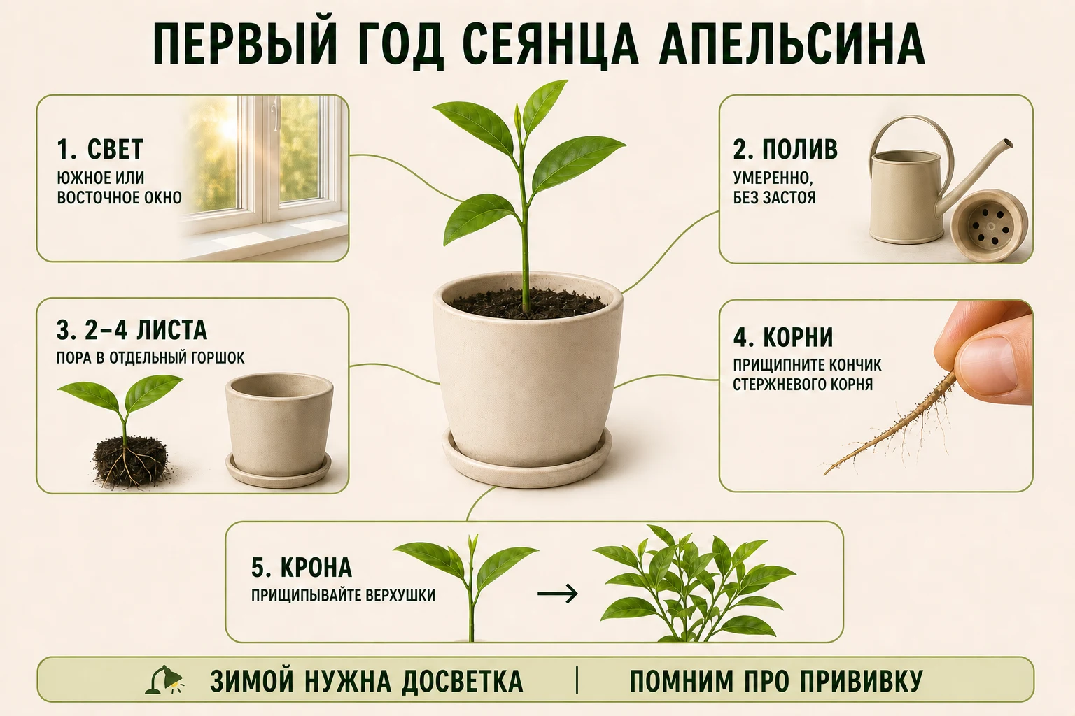 Уход за сеянцем апельсина в первый год: свет, полив, пересадка, прищипка корня и формировка кроны
