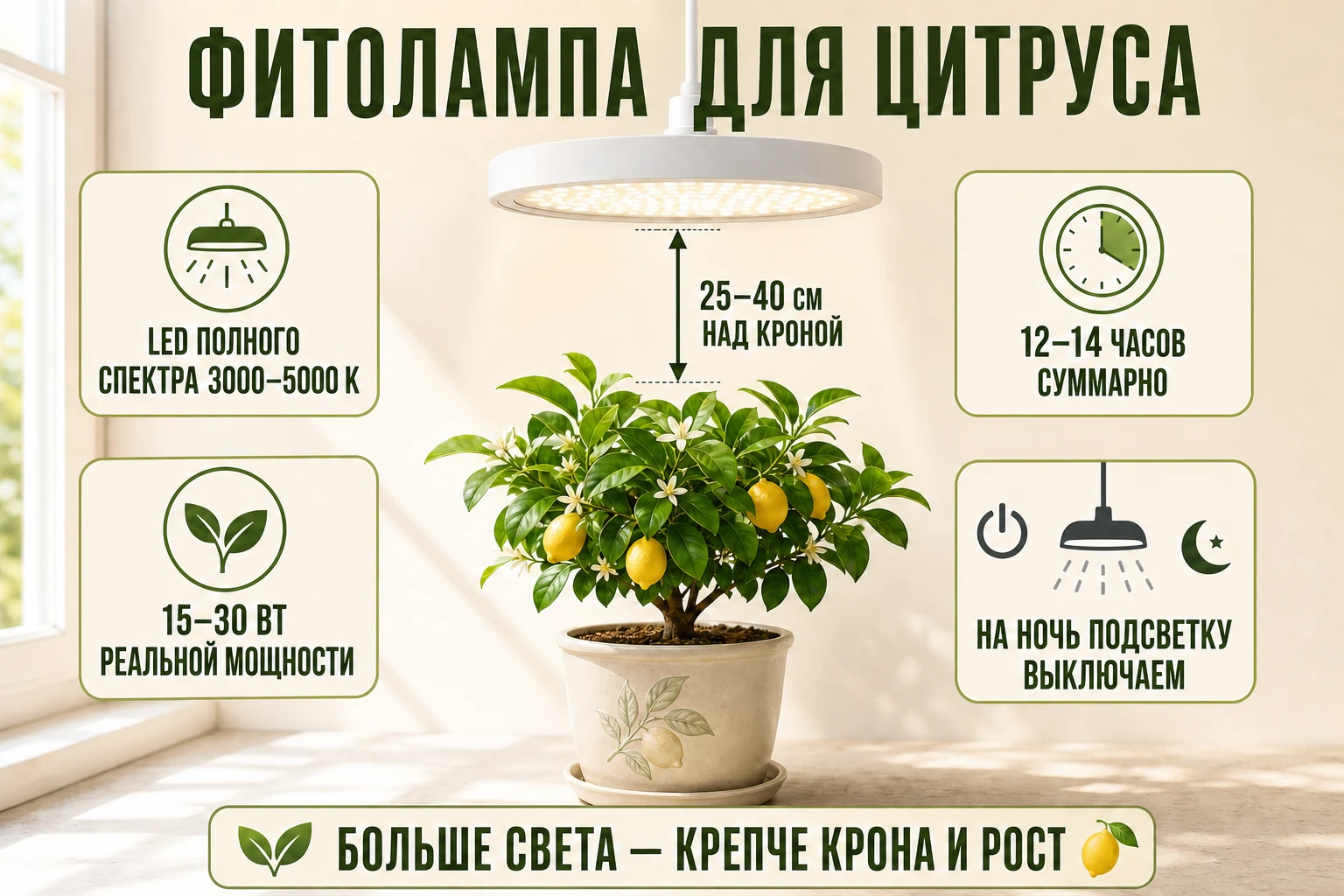 Правильная установка фитолампы над комнатным цитрусом: расстояние, мощность, длительность и выключение на ночь