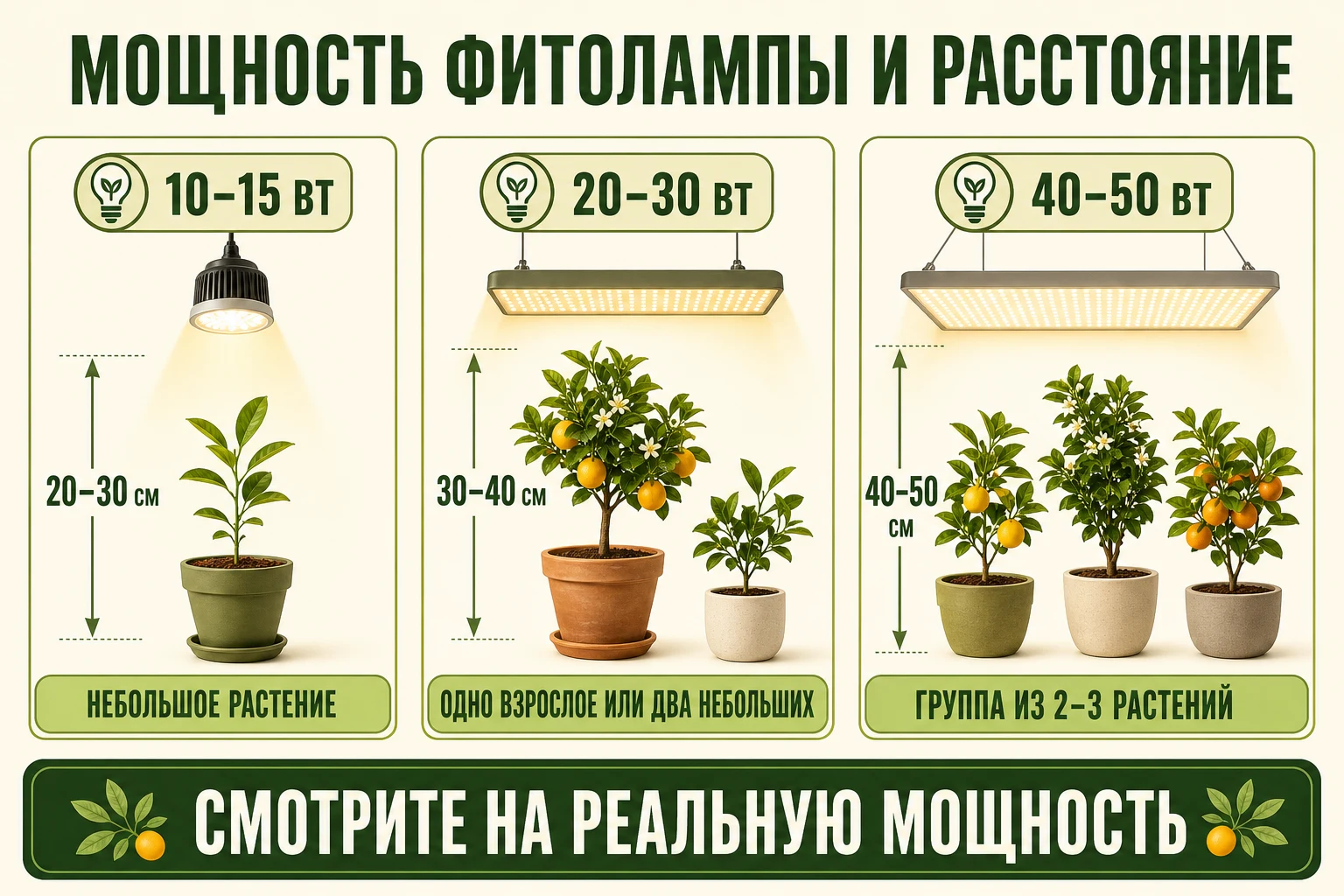 Подбор мощности фитолампы и расстояния до кроны для одного цитруса и группы растений