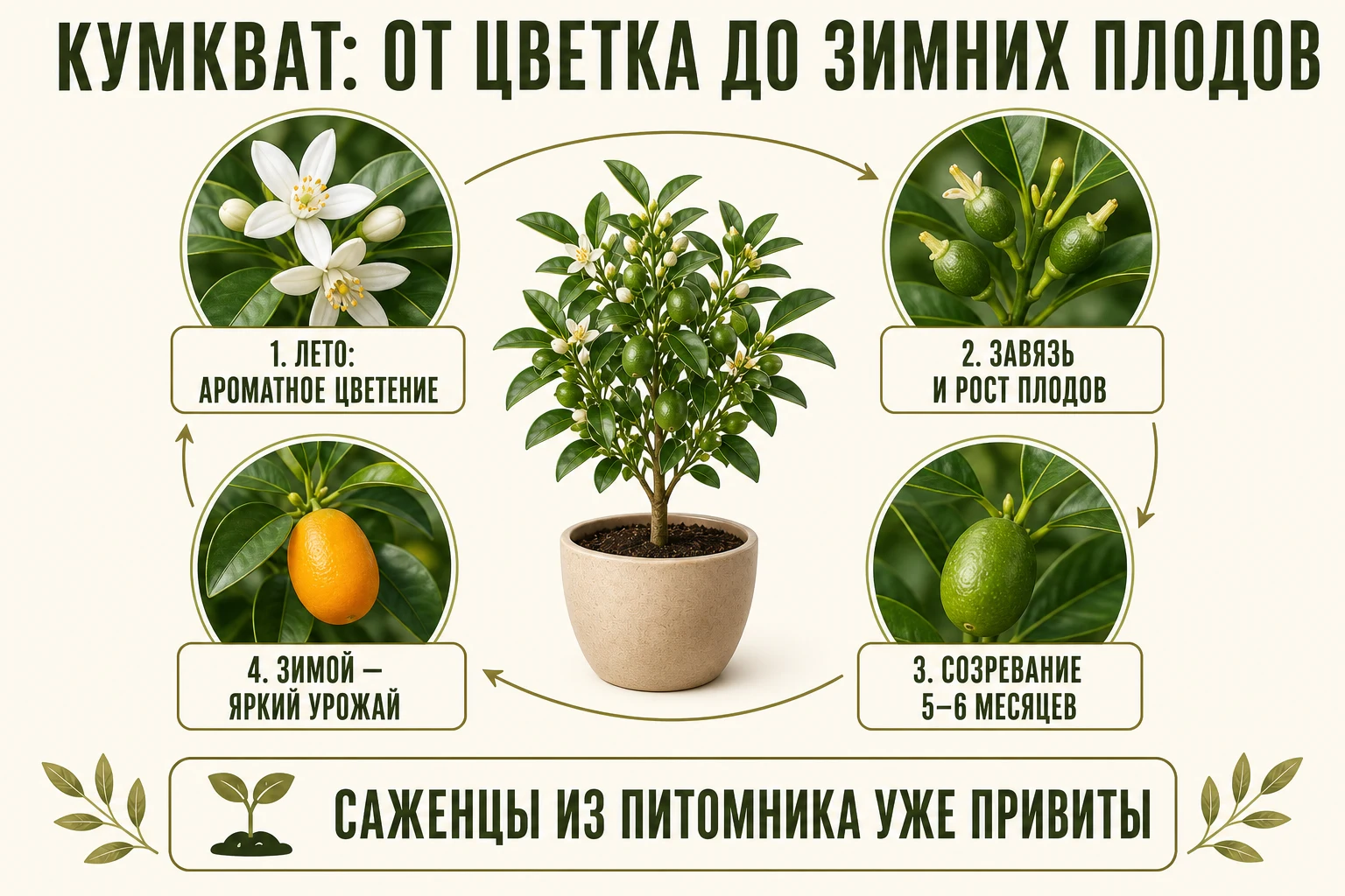 Этапы развития кумквата: летнее цветение, завязь, созревание плодов 5–6 месяцев и зимний урожай
