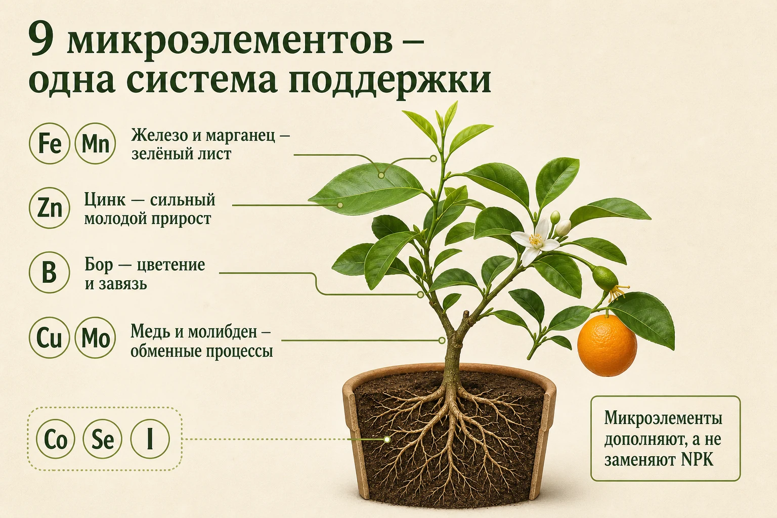 9 микроэлементов: где они работают: наглядная схема для комнатных цитрусов