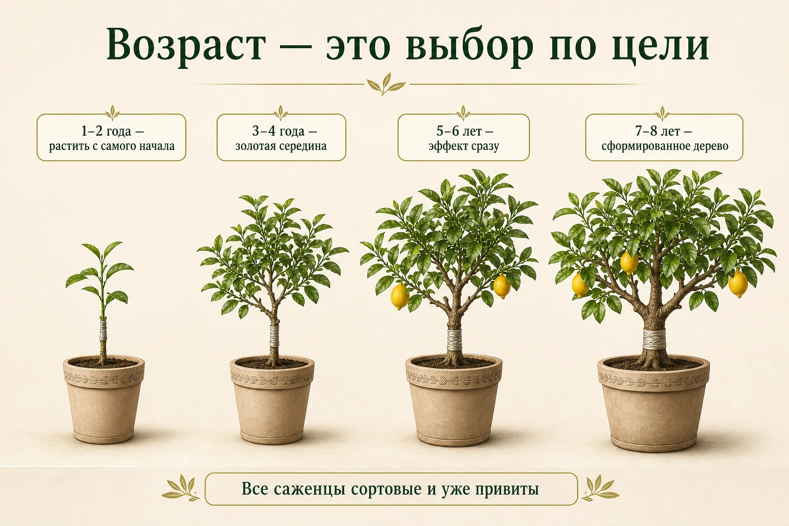 Привитые саженцы лимона четырёх возрастных групп: 1–2, 3–4, 5–6 и 7–8 лет, с подсказками по выбору.
