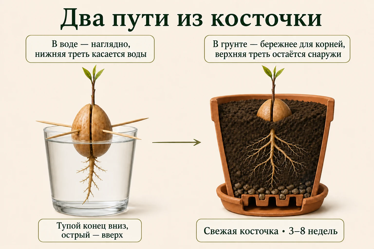 Два способа проращивания косточки авокадо: нижней третью в воде или верхней третью над рыхлым грунтом.