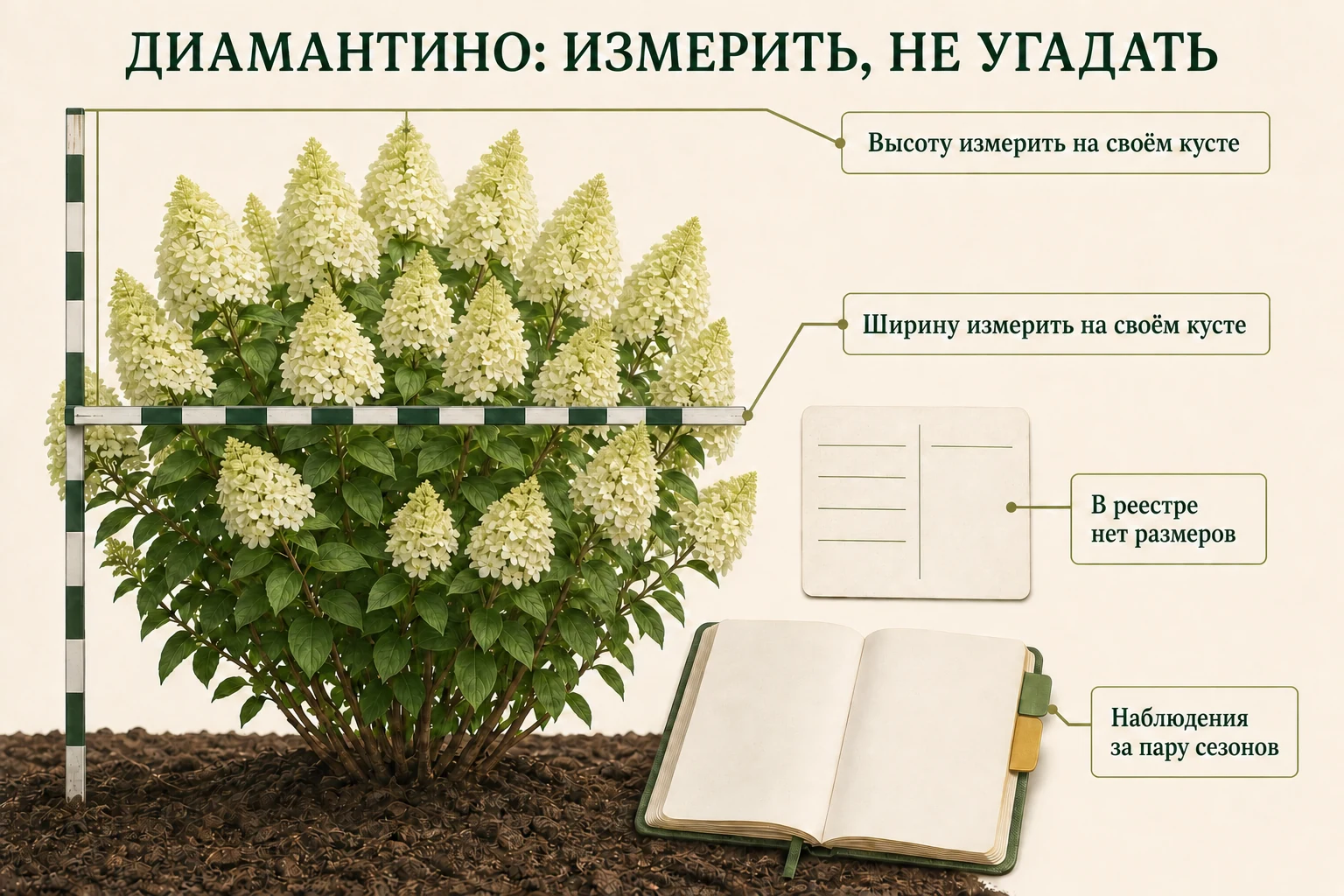 Куст Диамантино с ненумерованными рейками высоты и ширины и блокнотом наблюдений за собственным растением.