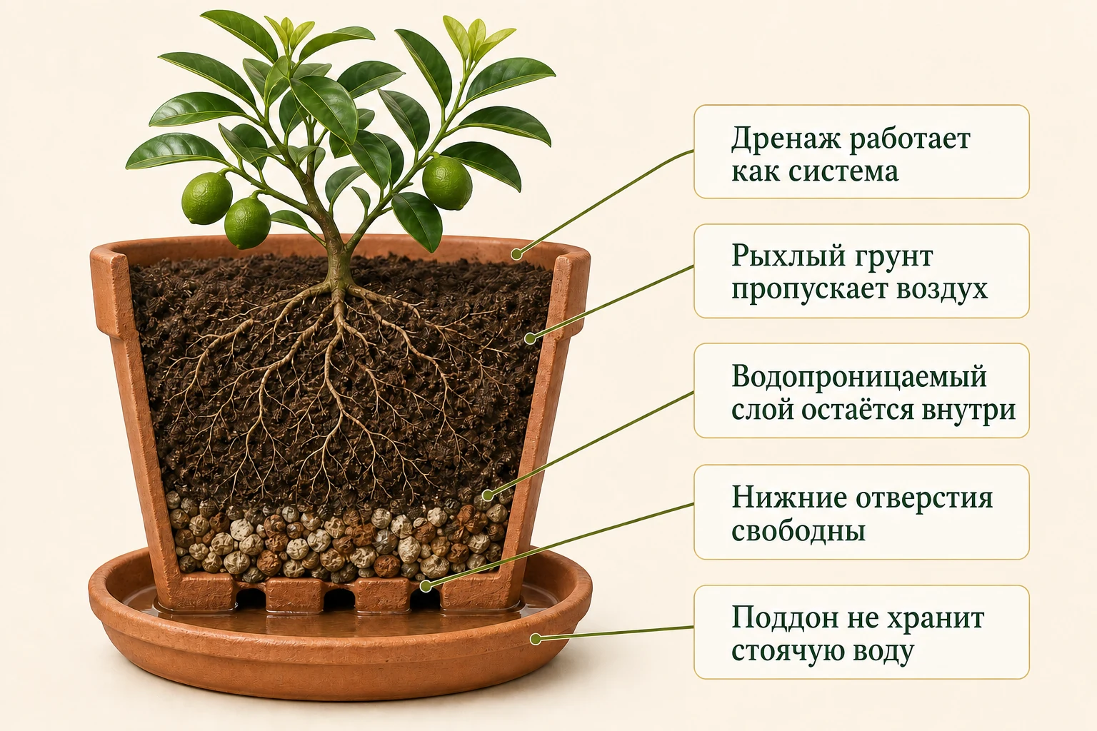 Разрез горшка с рыхлым грунтом, дренажным слоем, нижними отверстиями и целым поддоном.