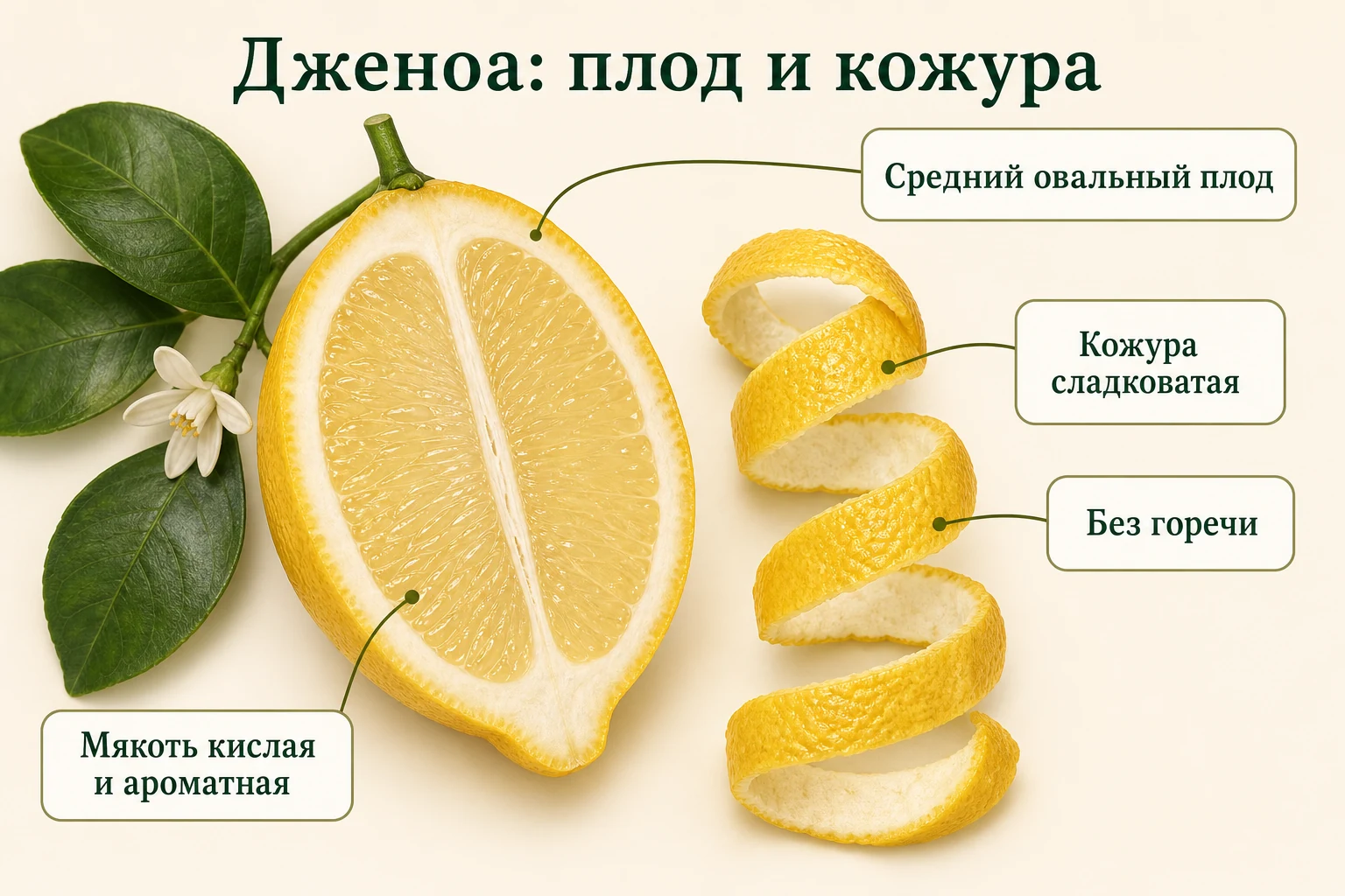 Разрез овального лимона Дженоа со сладковатой негорькой кожурой и кислой ароматной мякотью.