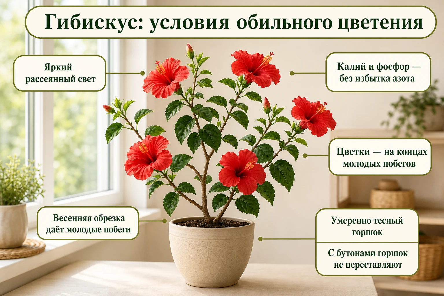 Гибискус у светлого окна: яркий рассеянный свет, умеренная обрезка, калий и фосфор, цветки на концах молодых побегов.