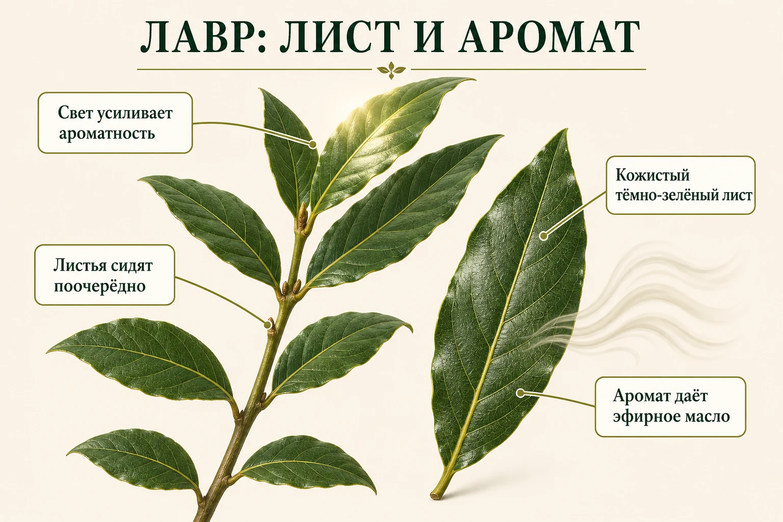 Ветвь лавра благородного с кожистыми поочерёдными листьями, аромат которых создаёт эфирное масло.