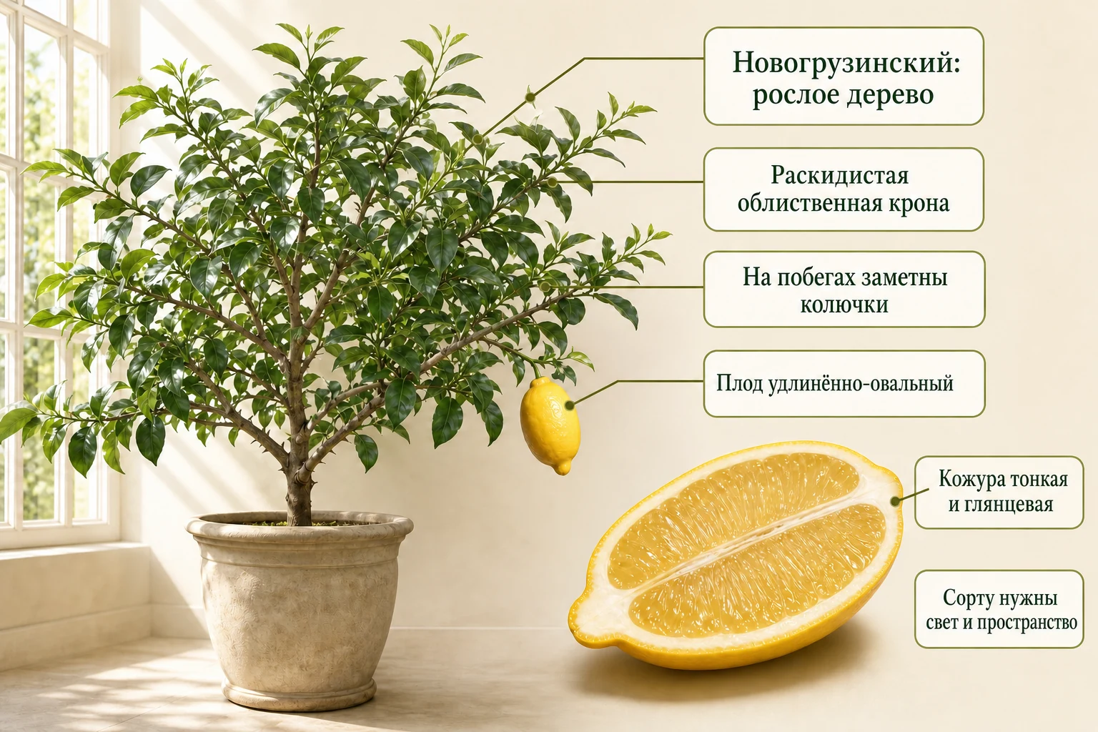 Архитектура Новогрузинского лимона: раскидистая крона с колючками и удлинённый тонкокожий плод.