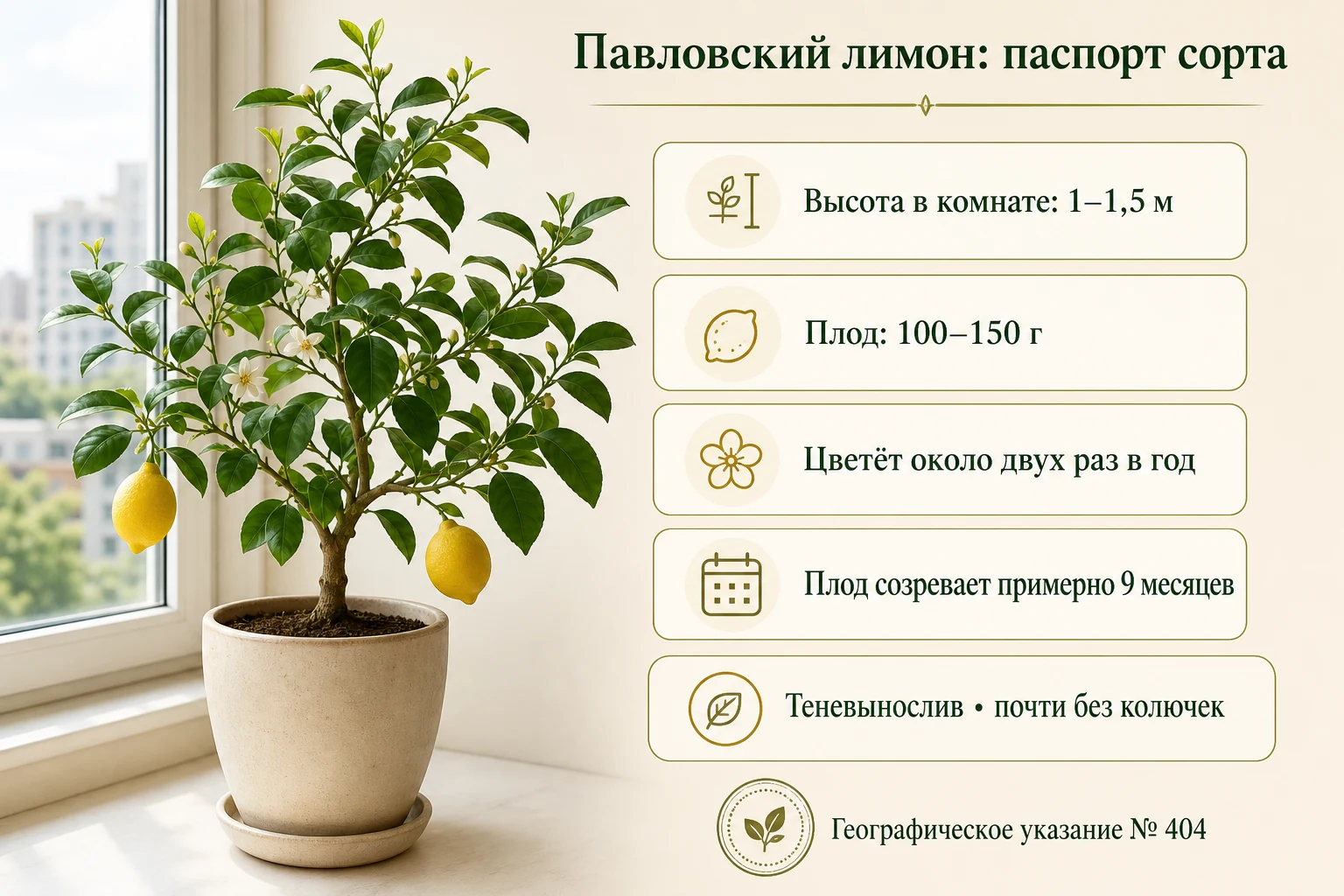 Паспорт Павловского лимона: комнатная высота 1–1,5 м, плоды 100–150 г, теневыносливость и географическое указание № 404.