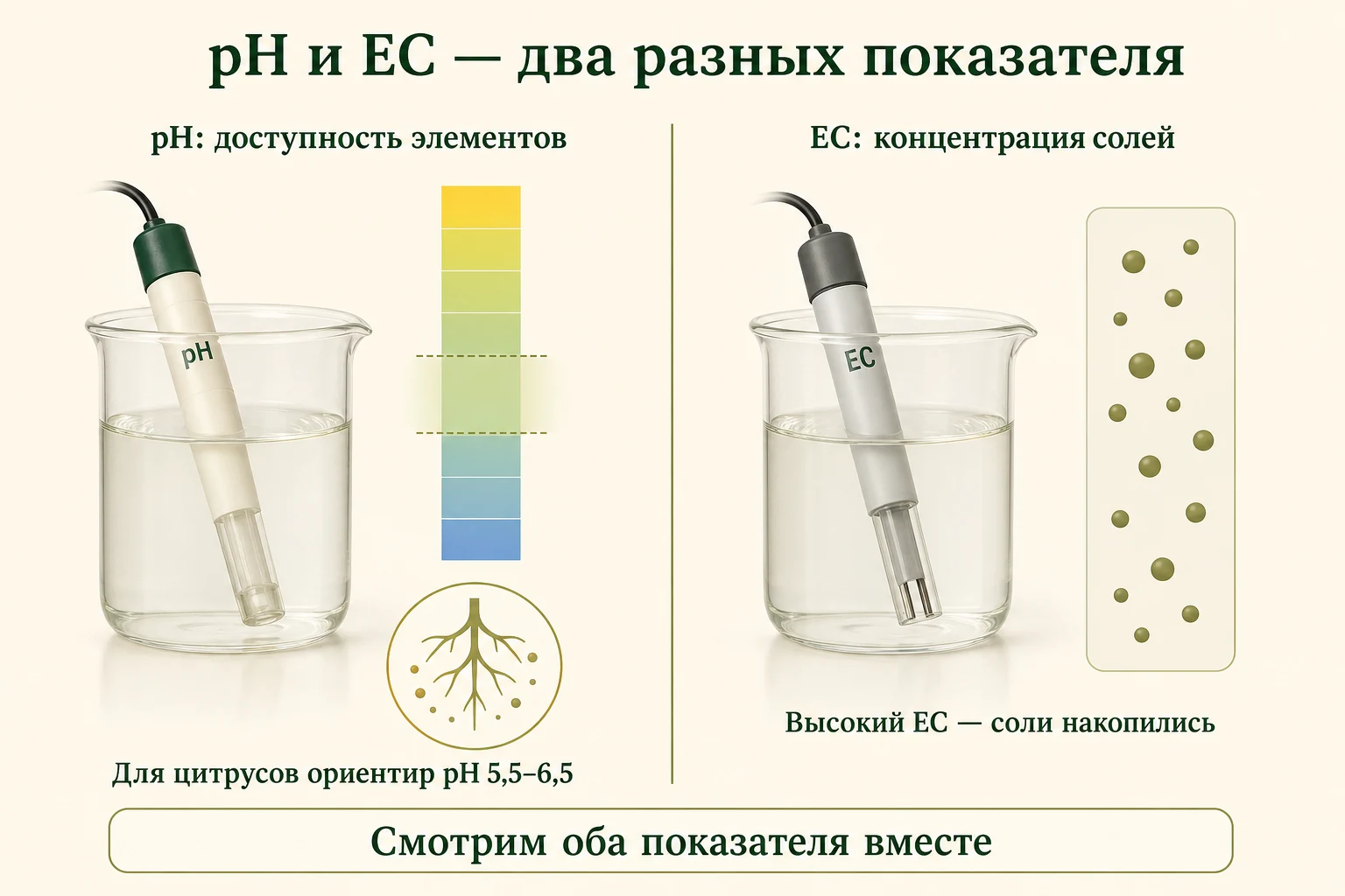Два отдельных измерения дренажной воды: pH показывает доступность элементов, а EC — концентрацию солей.