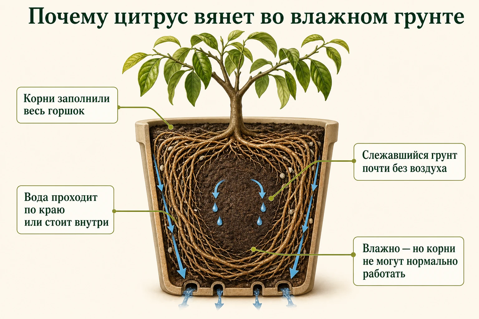 Разрез горшка с корневым брикетом: плотный влажный грунт почти без воздуха и закольцованные корни цитруса.