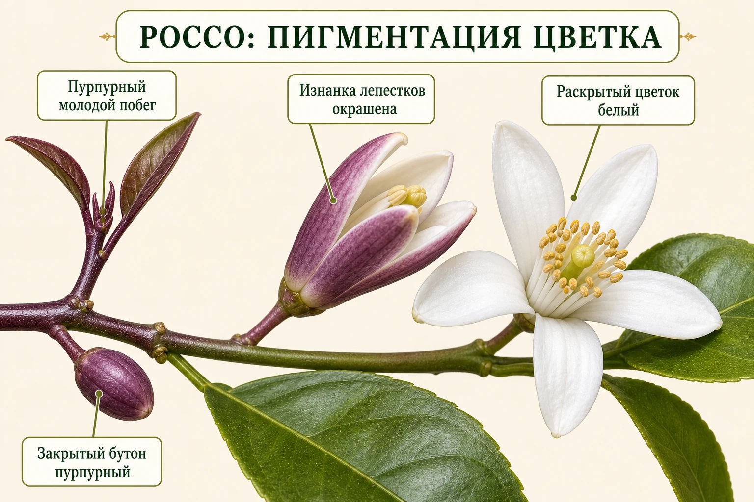 Пурпурный молодой побег и бутон лимона Россо рядом с раскрытым белым цветком.