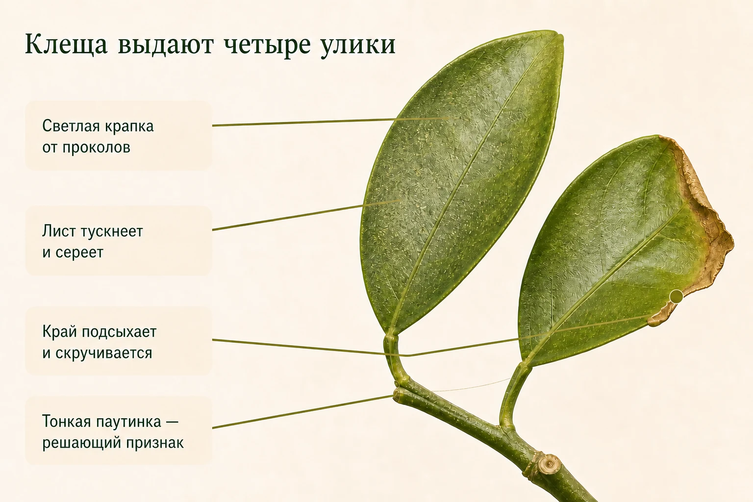 Четыре признака паутинного клеща на лимоне: светлая крапка, тусклый лист, подсыхающий край и тонкая паутинка в пазухе.