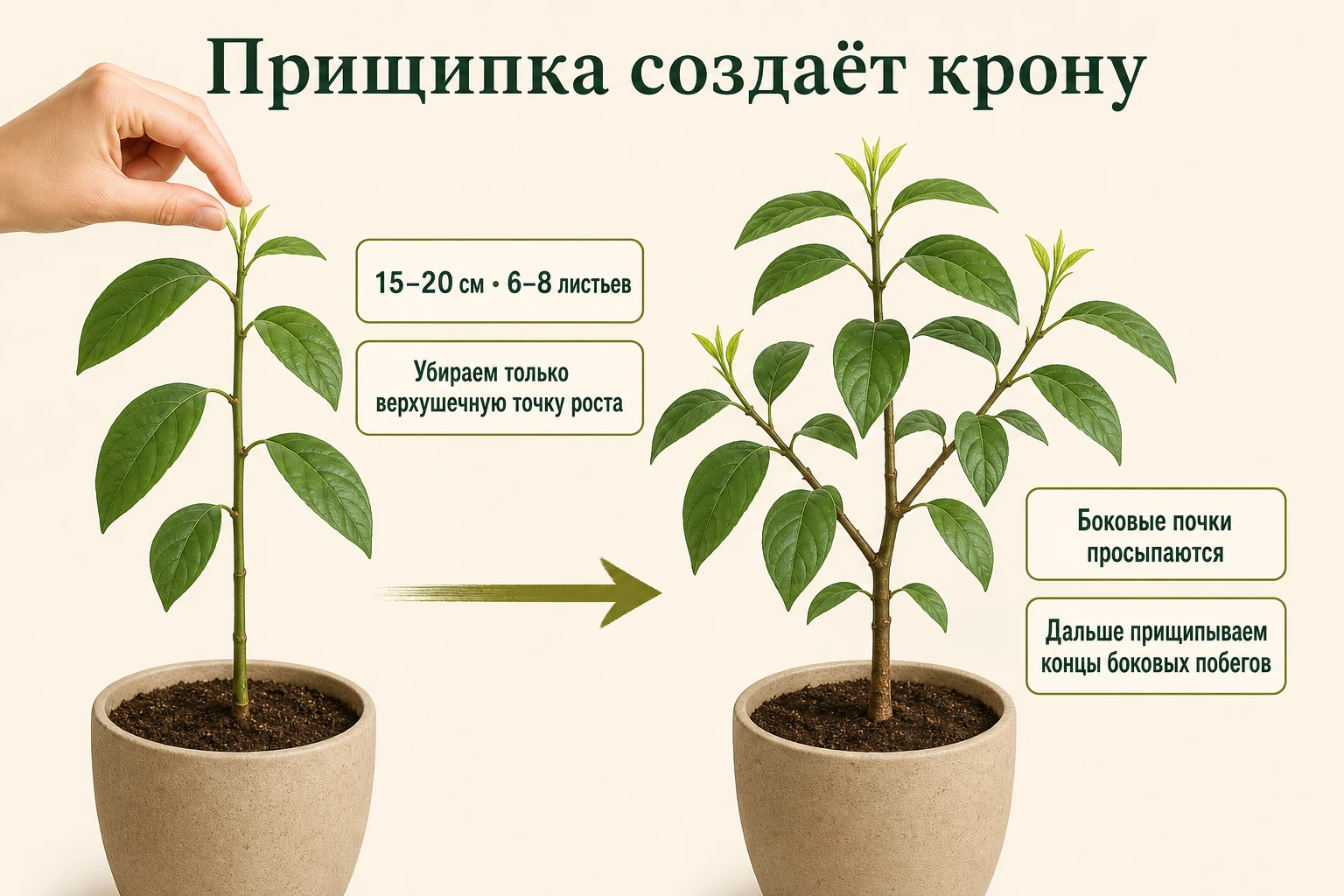 Прищипка верхушки авокадо при высоте 15–20 см и развитие боковых побегов после неё.
