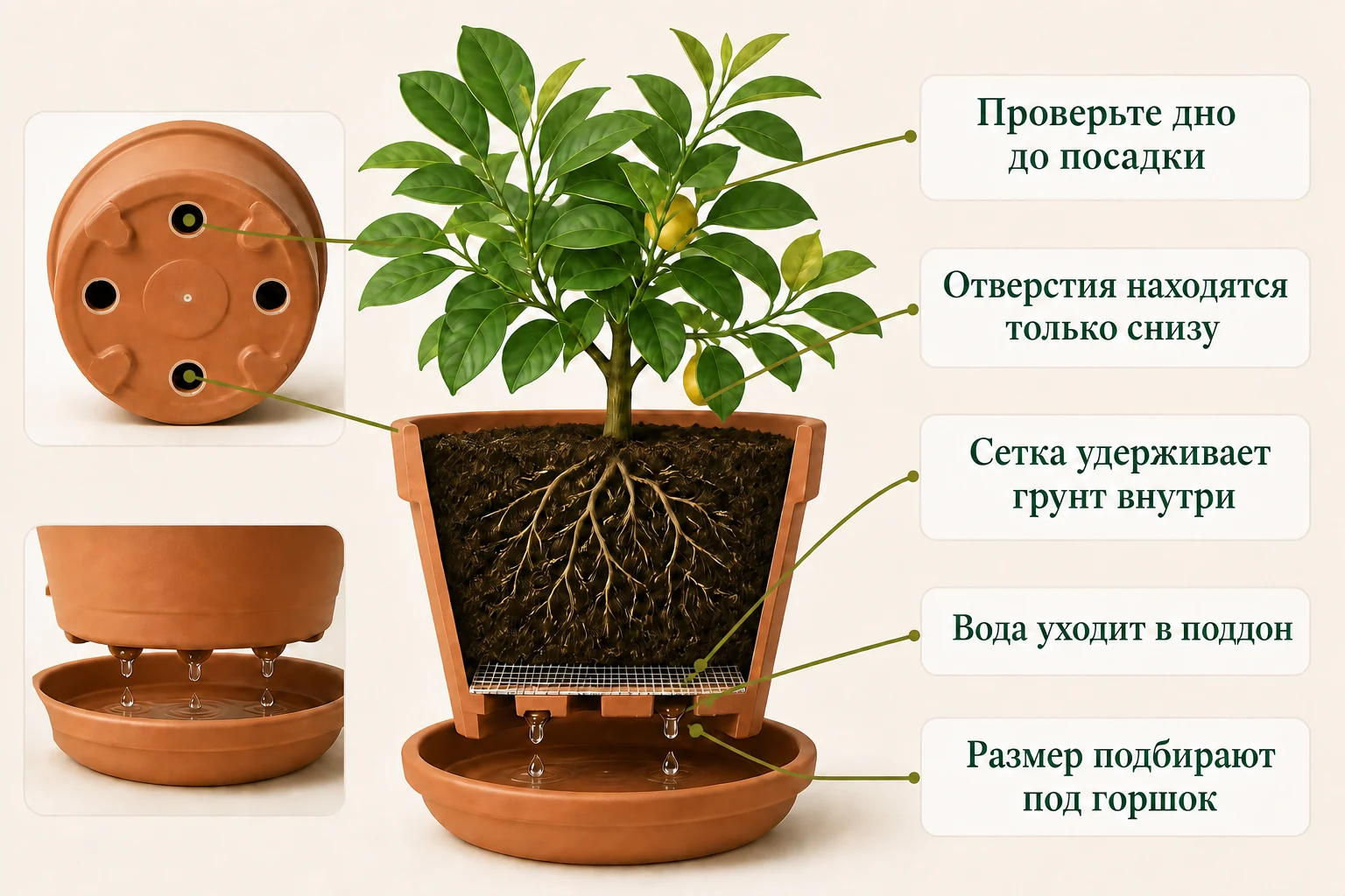 Проверка нижних отверстий горшка и внутренней сетки, которая удерживает грунт.