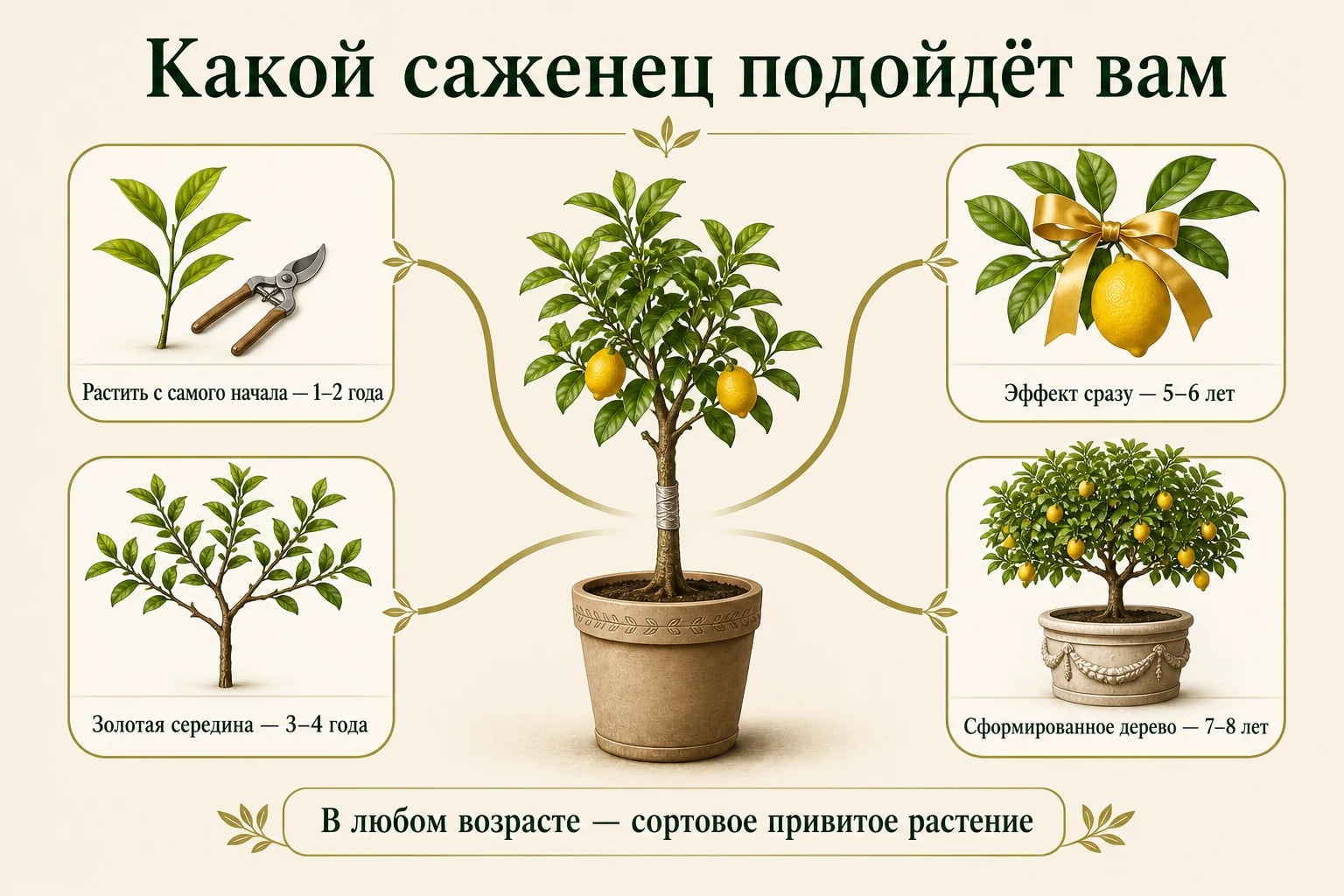 Схема выбора привитого лимона по возрасту: 1–2, 3–4, 5–6 или 7–8 лет.