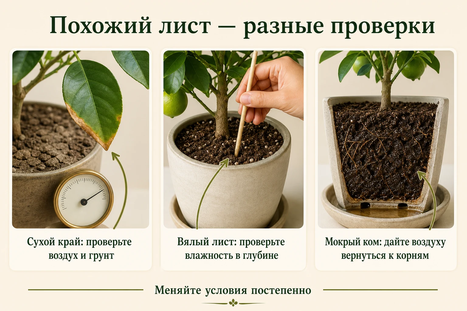 Сравнение проверок при сухом крае листа, вялости и влажном корневом коме лимона.