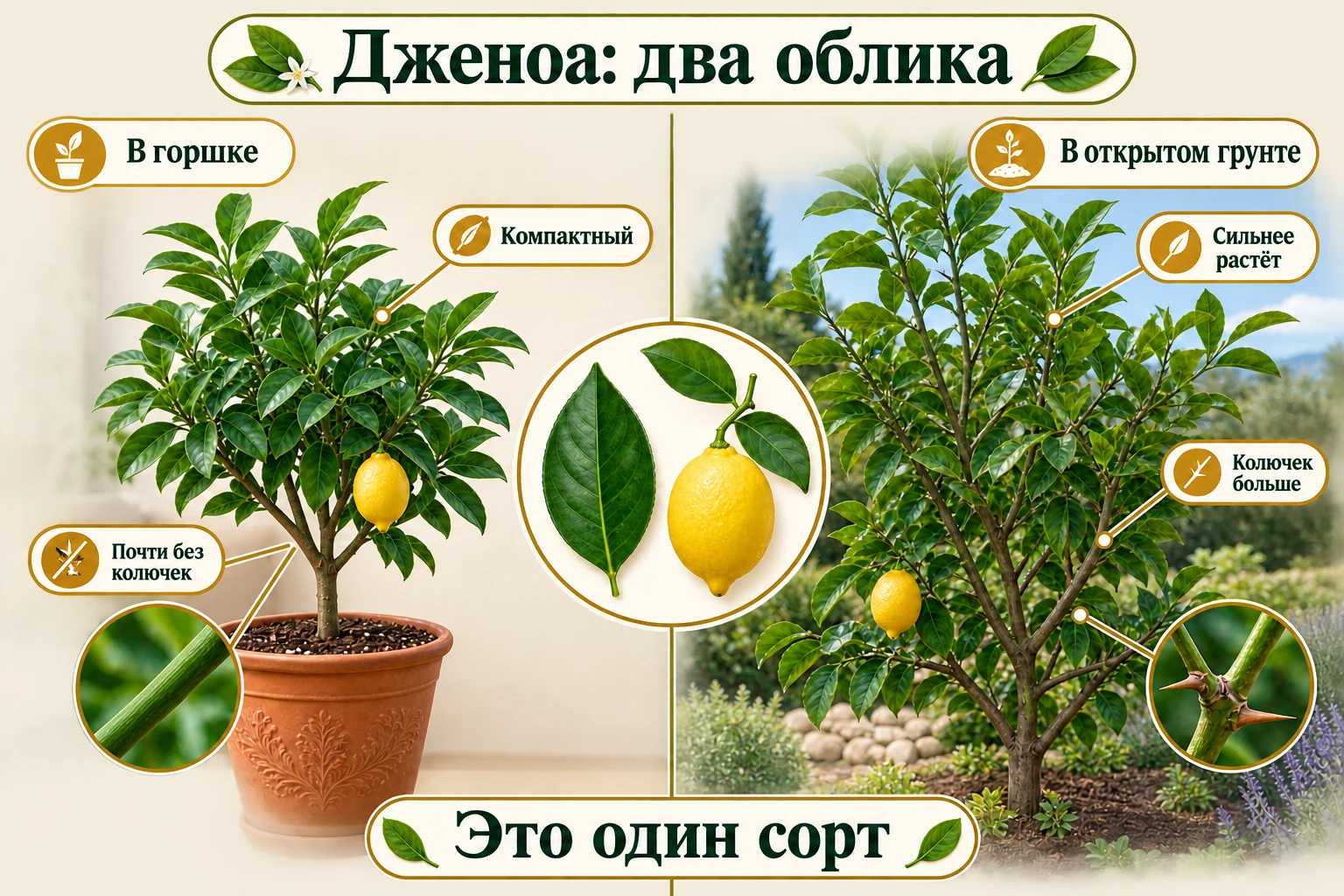 Сравнение Дженоа в горшке и открытом грунте: компактная почти бесколючая и более сильнорослая колючая формы одного сорта.