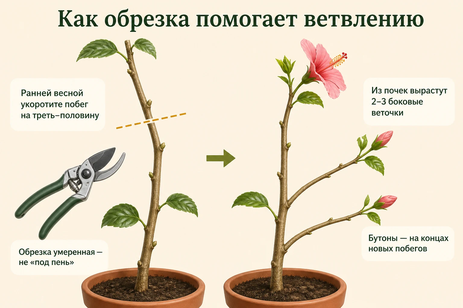 Схема обрезки гибискуса: длинный побег укорачивают на треть–половину, затем из почек растут 2–3 боковые цветущие веточки.