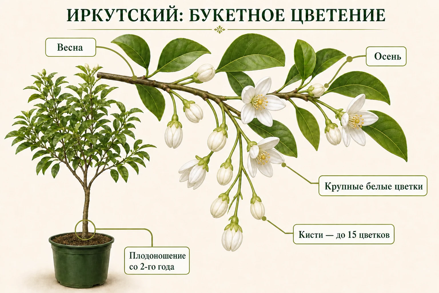 Молодой Иркутский лимон с крупной кистью белых цветков и отметками весеннего и осеннего цветения.