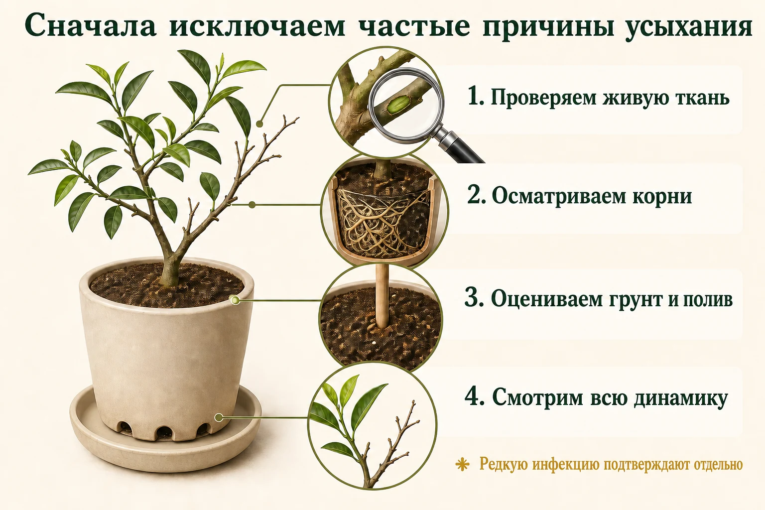 Перед редким диагнозом у усыхающего кумквата проверяют живую ткань, корни, грунт, полив и общую динамику.