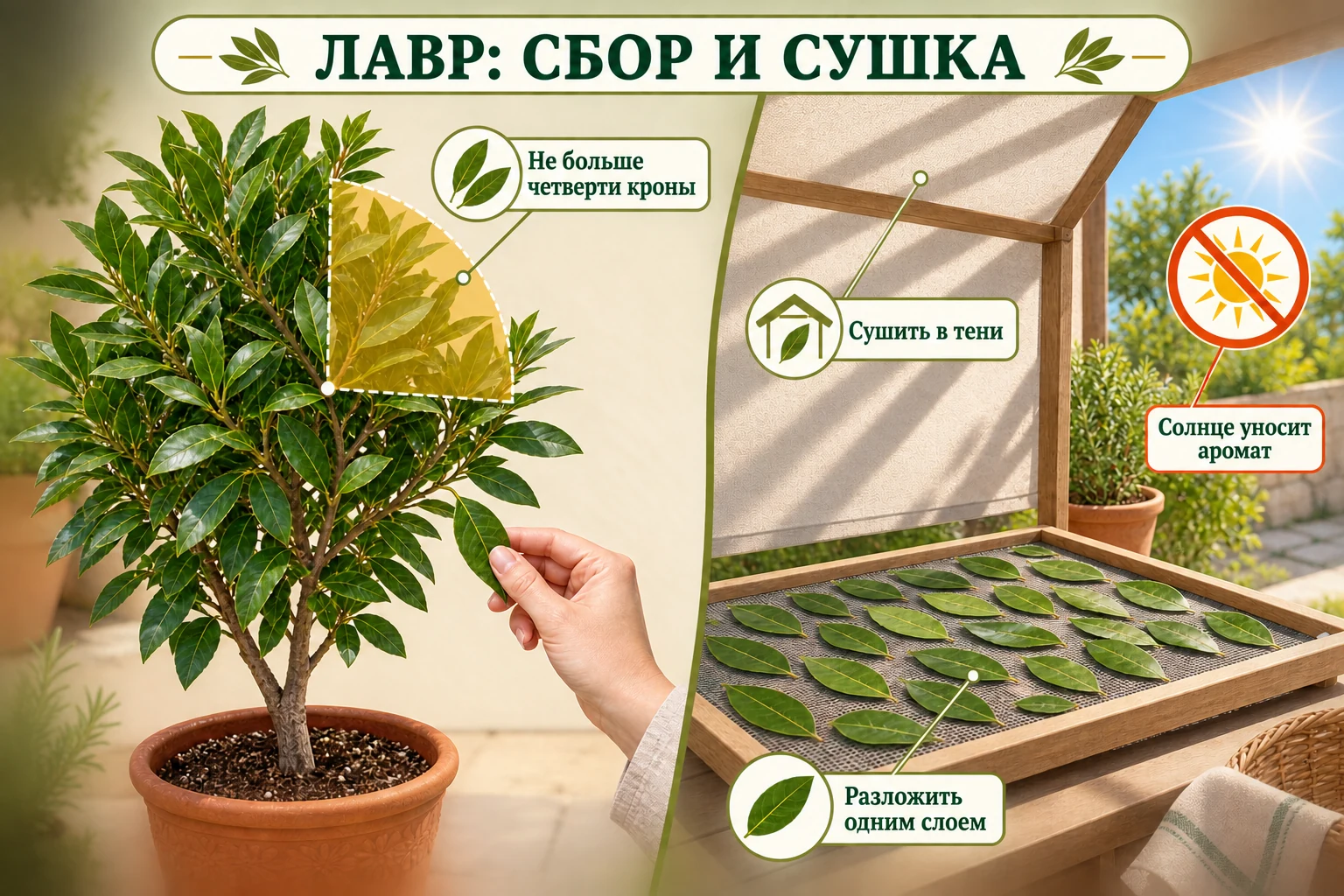 Щадящий сбор не более четверти листьев лавра и их сушка в тени одним слоем.