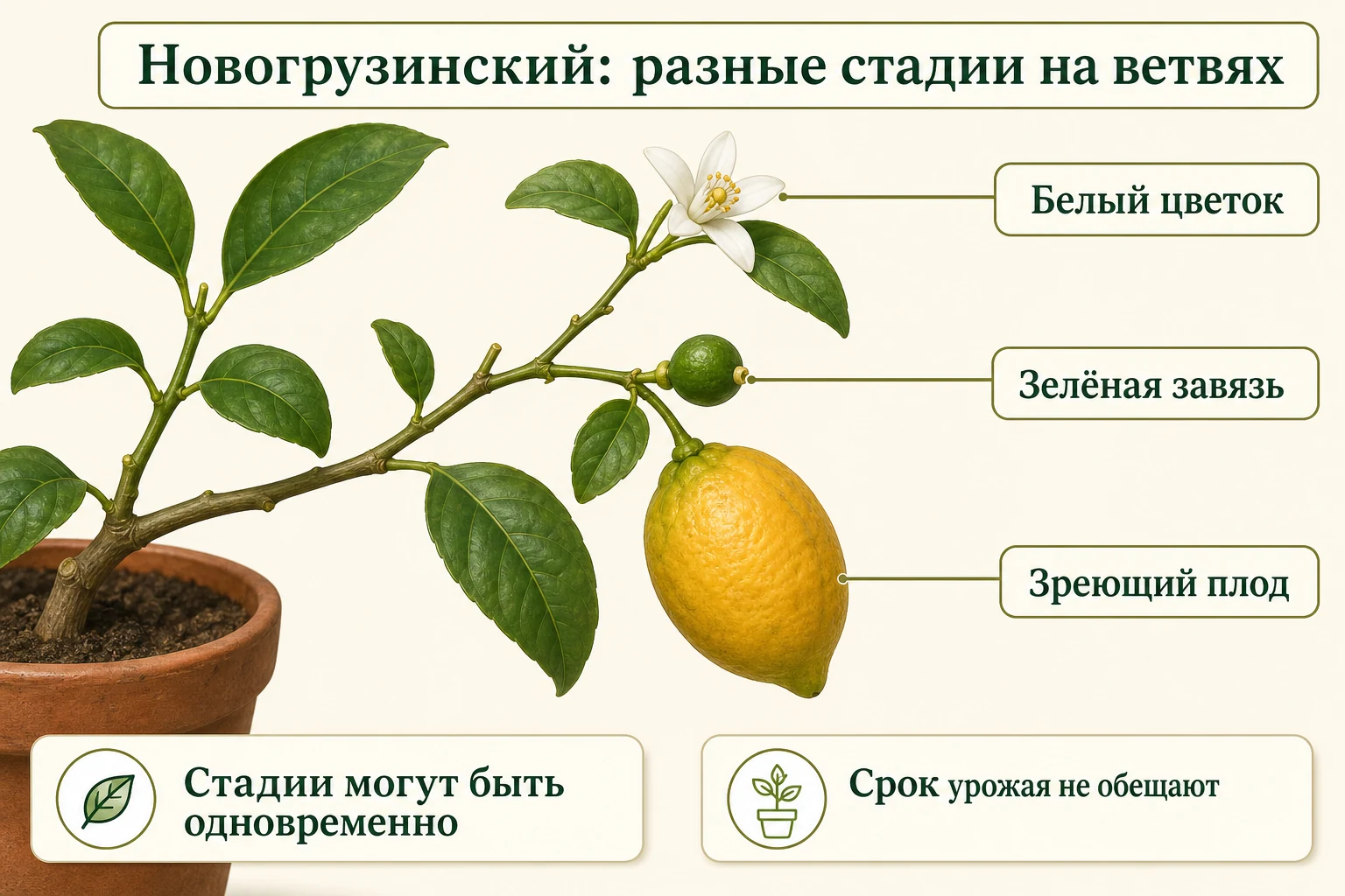 На одной ветви Новогрузинского лимона одновременно показаны цветок, зелёная завязь и зреющий плод.