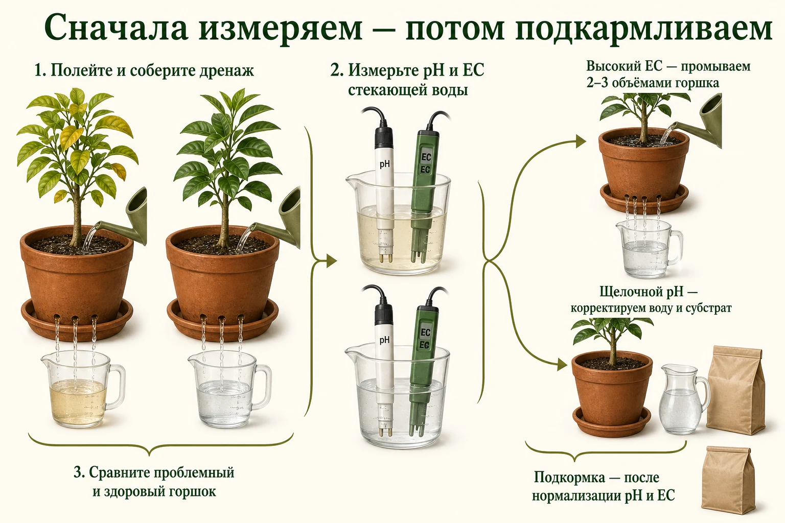 Порядок проверки pH и EC: собрать дренаж, измерить оба показателя, сравнить горшки и только затем корректировать уход.