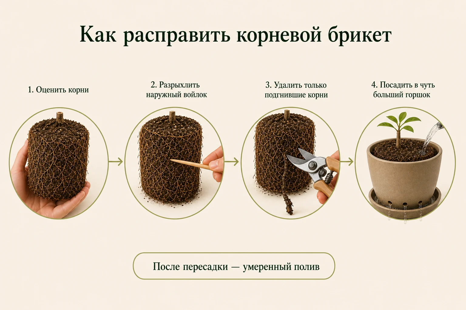 Четыре шага работы с корневым брикетом: осмотр, разрыхление наружных корней, удаление гнили и посадка в немного больший горшок.