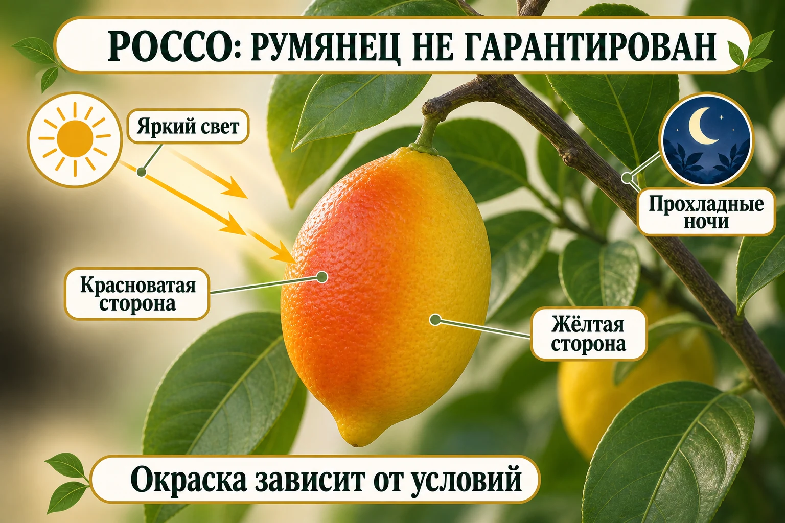 Один плод лимона Россо с условным красноватым румянцем на освещённой стороне и жёлтой теневой стороной.