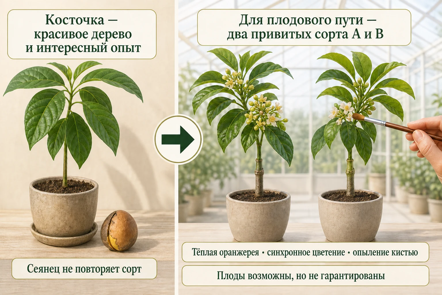 Сеянец авокадо как декоративное растение и два раздельных привитых сорта типов A и B для возможного плодоношения.
