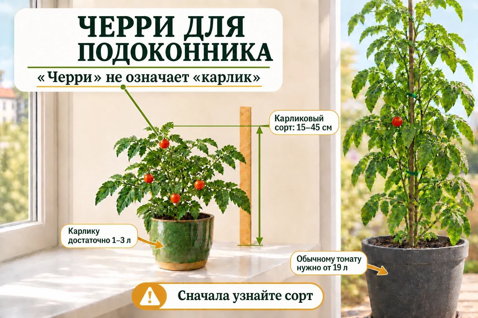 Карликовый томат на подоконнике рядом с обычным высоким томатом в крупном напольном горшке.