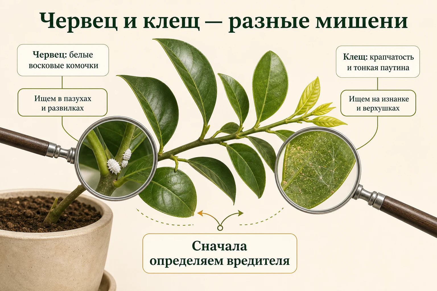 Белые восковые комочки мучнистого червеца в пазухах сравнивают с крапчатостью и тонкой паутиной клеща на изнанке листа.