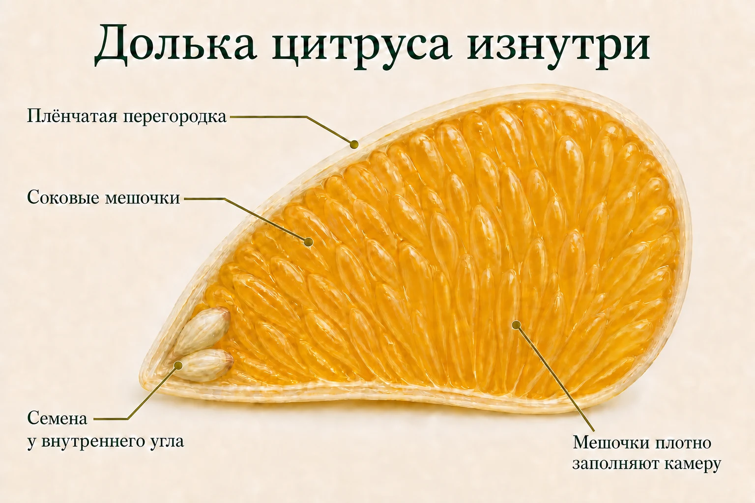 Продольный разрез дольки цитруса с плёнчатой перегородкой, соковыми мешочками и семенами у внутреннего угла.