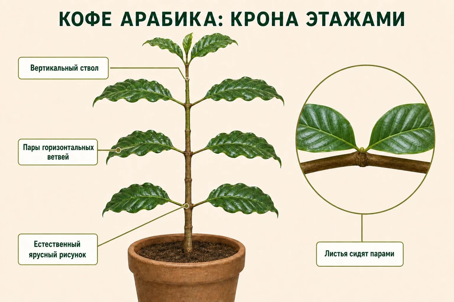 Дерево кофе арабика с вертикальным стволом, горизонтальными ярусами ветвей и супротивными листьями.