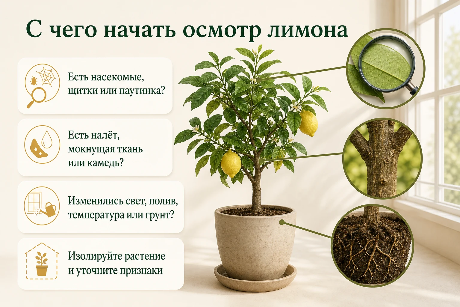 Стартовый осмотр лимона по трём направлениям: вредители, состояние тканей и изменения условий ухода.