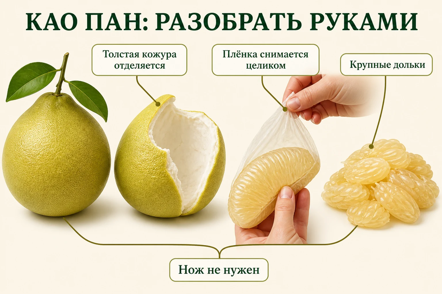 Разбор плода помело Као Пан руками: толстая кожура, снимаемая плёнка и крупная долька.