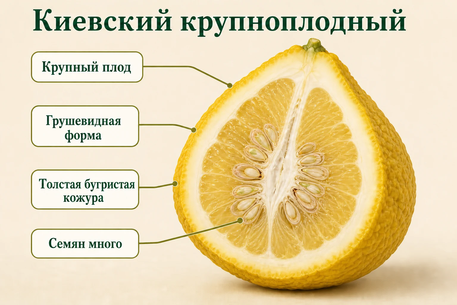 Крупный грушевидный плод Киевского крупноплодного с толстой бугристой кожурой и множеством семян.