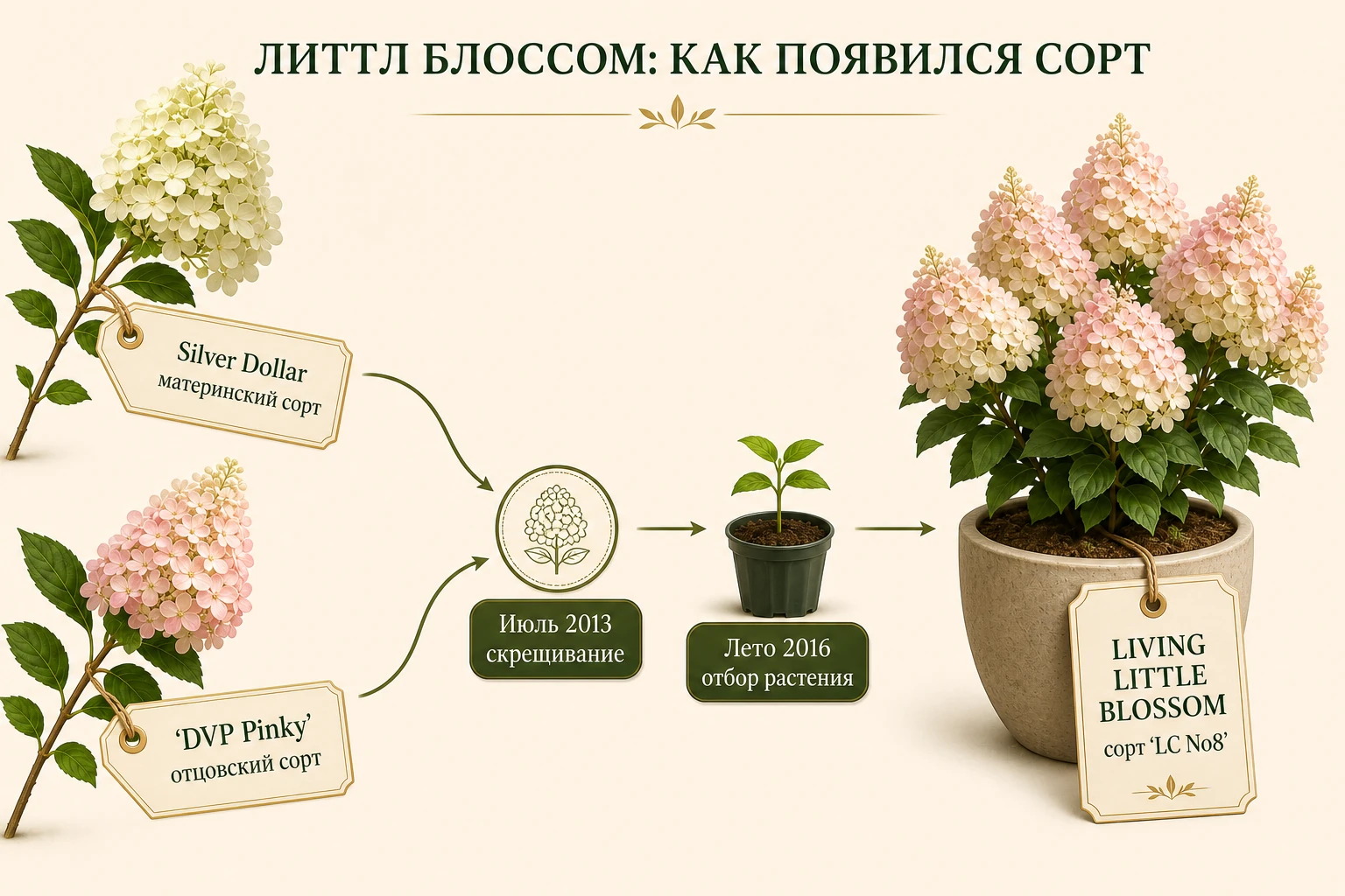 Селекционная цепочка Ливинг Литтл Блоссом от Silver Dollar и 'DVP Pinky' к сеянцу 'LC No8'.