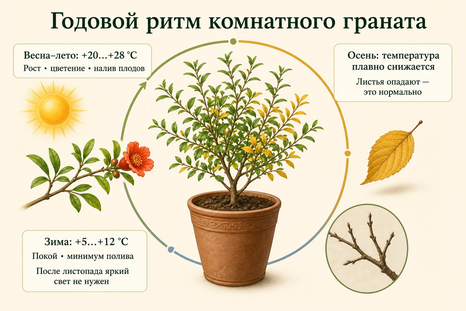 Годовой ритм комнатного граната: рост и цветение при +20…+28 °C, осенний листопад и зимний покой при +5…+12 °C.