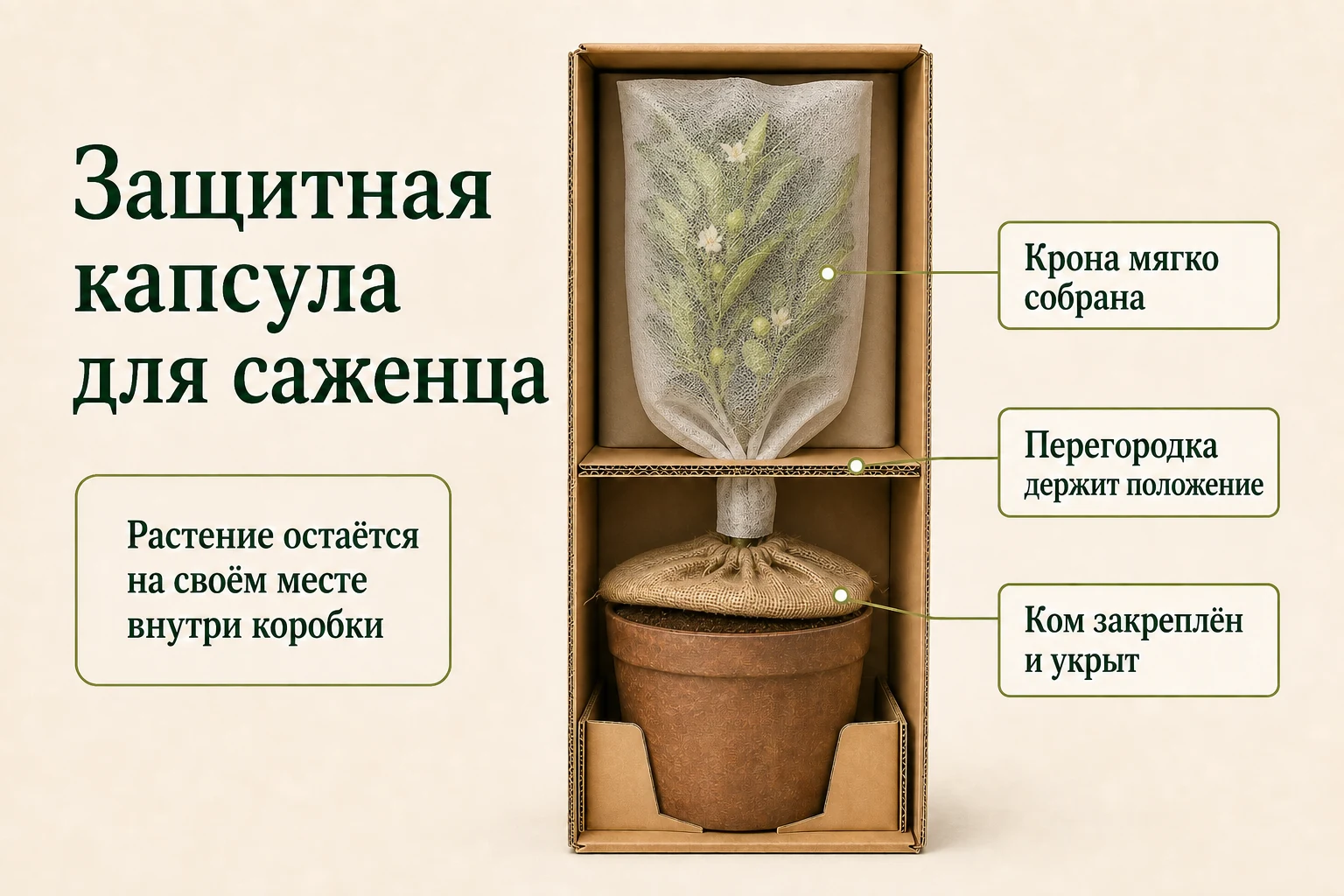 Разрез защитной упаковки цитрусового саженца: мягко собранная крона, внутренняя перегородка и закреплённый закрытый земляной ком.