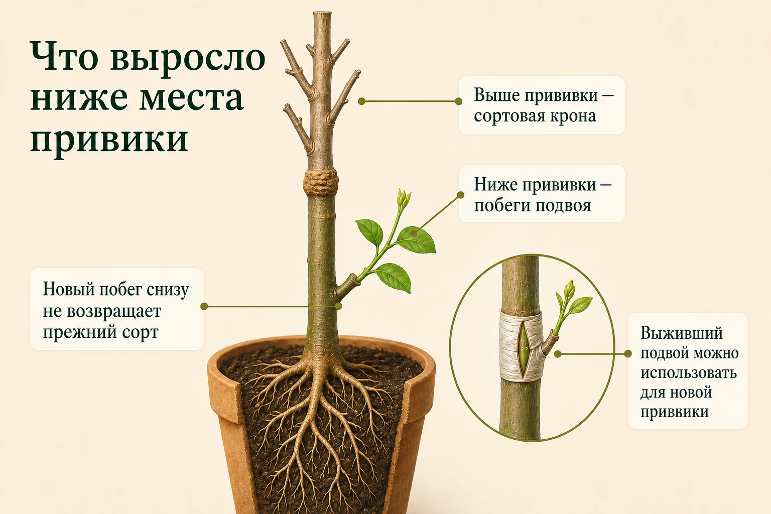 Побег подвоя растёт ниже места прививки, а сортовая часть находится выше единственного прививочного узла.