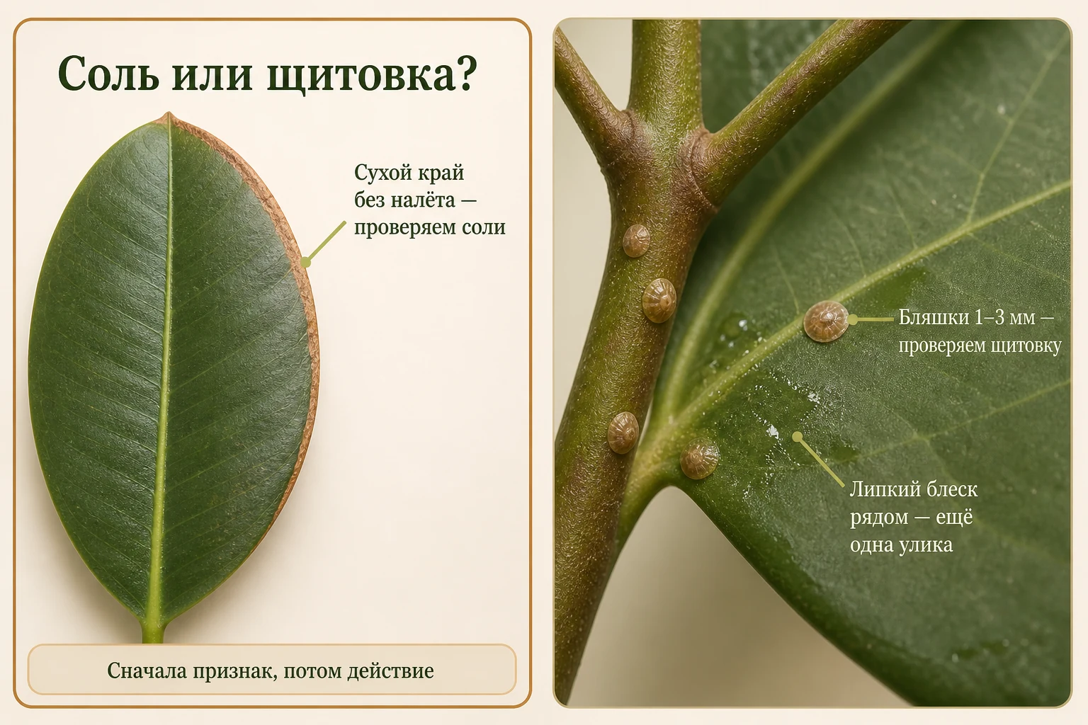 Сравнение солевого ожога с сухой каймой и щитовки с плотными бляшками на побеге и липким блеском.