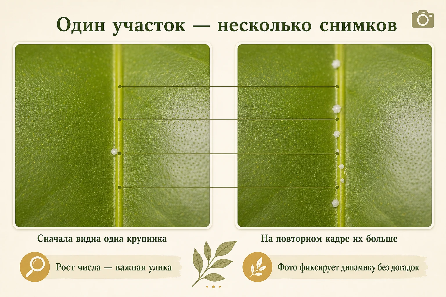 Два одинаковых снимка одного участка листа: на первом одна белая крупинка, на повторном их стало больше.