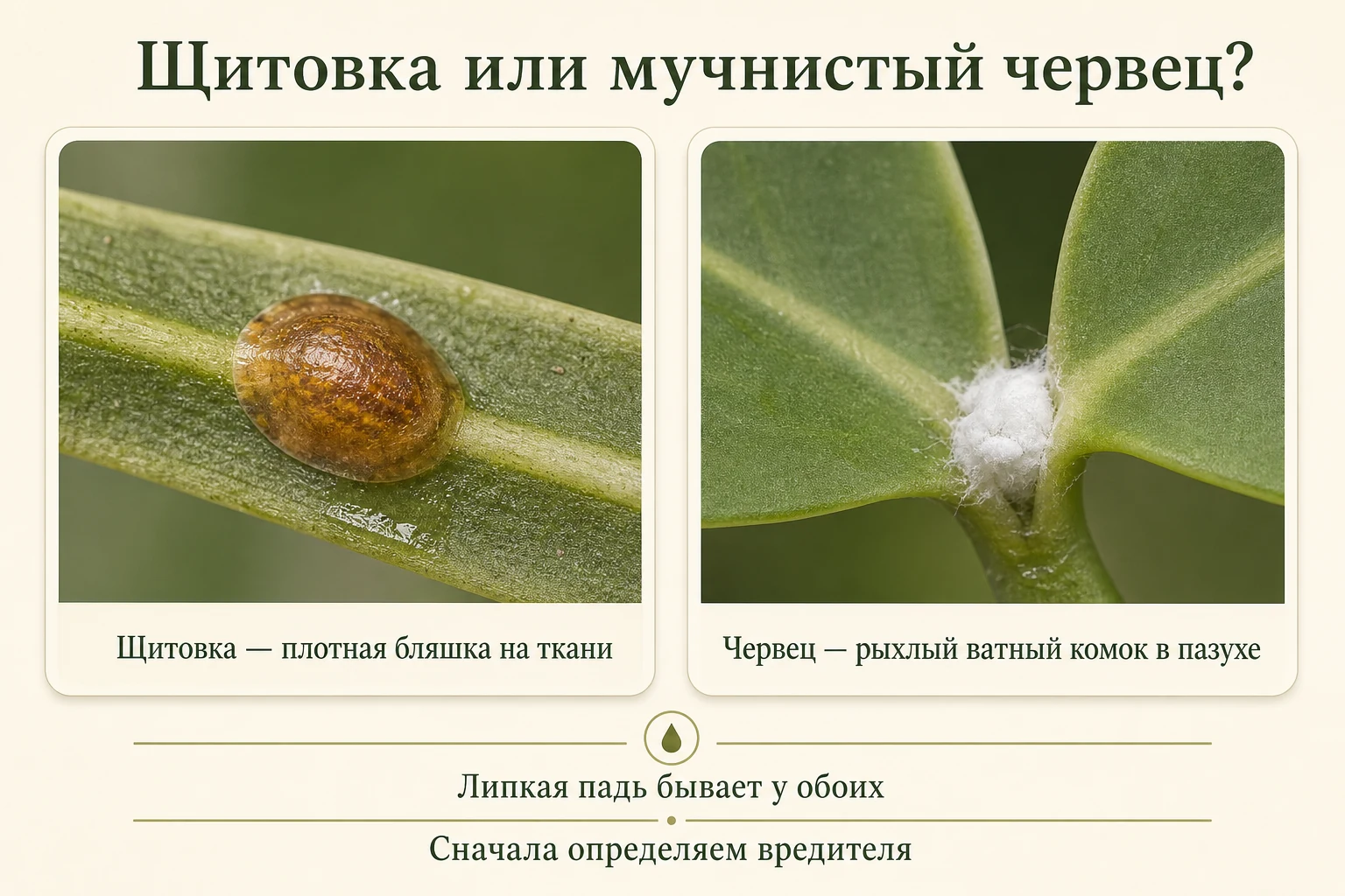 Сравнение щитовки и мучнистого червеца: плотная бляшка на ткани и рыхлый ватный комок в пазухе.