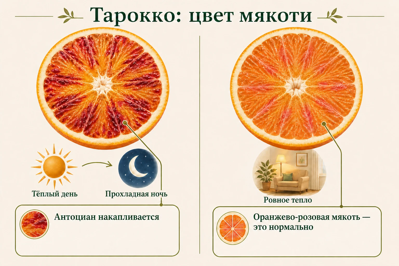 Две половины Тарокко показывают более красную мякоть после прохладной ночи и нормальную оранжево-розовую мякоть при ровном тепле.